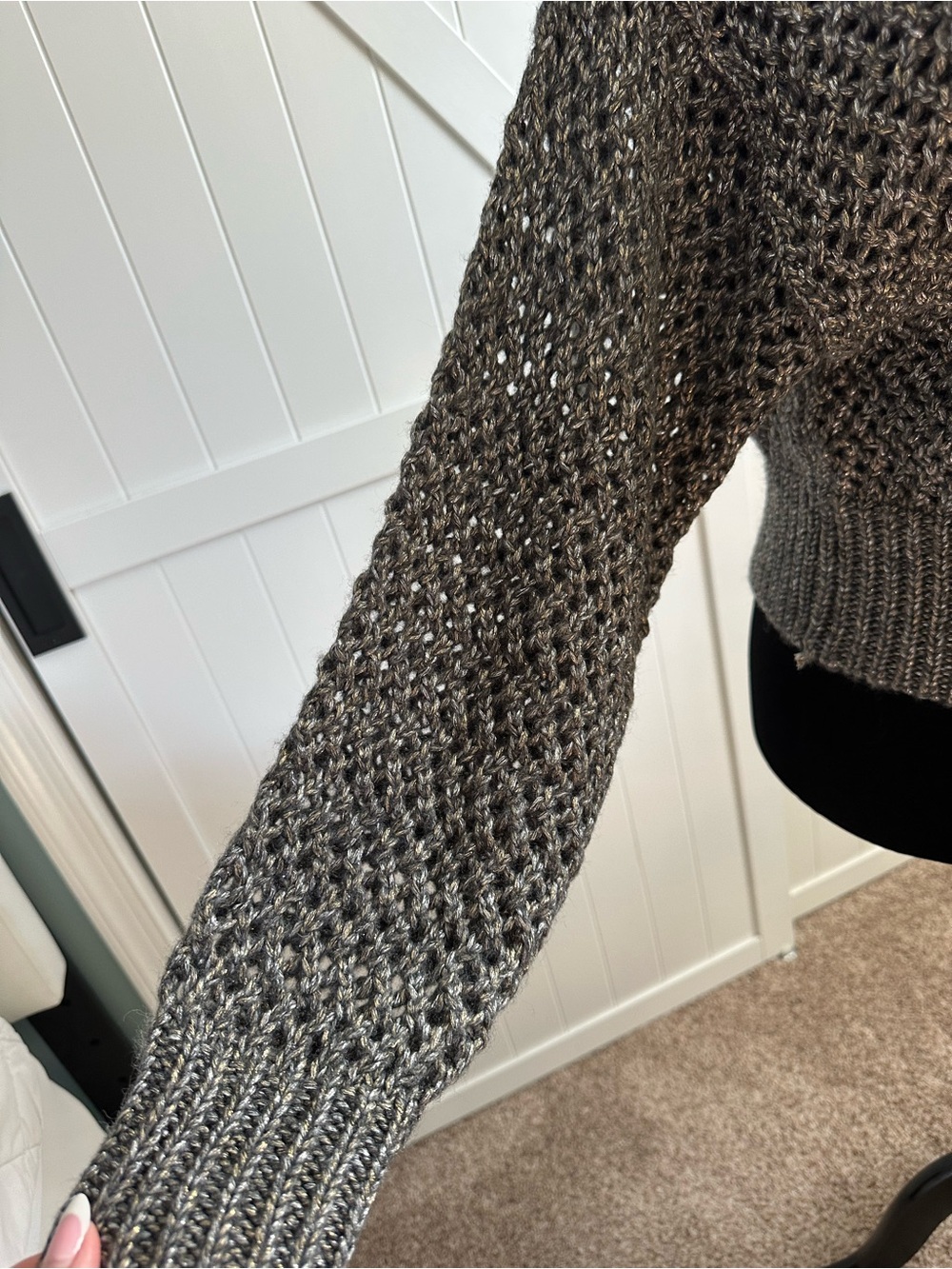 White House Black Market Large Gray Metallic Open Knit Zip Front Sweater - Picture 3 of 6